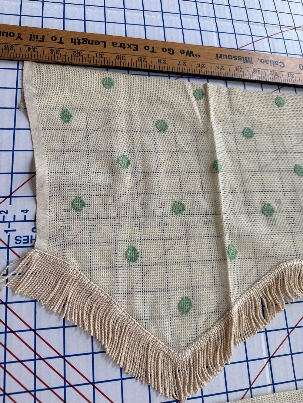 Antique 1920s 1930s Valances Set of 3 Fringed Plaid Green Dot Window Curtains